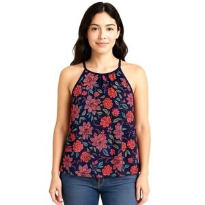 Papermoon Women Navy Pink Floral Halter Neck Keyhole Tank Top PM‎ Flowy Chic